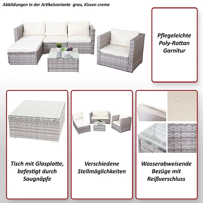 Mendler Loungemöbel-Set - 6 -tlg., Polyrattan, Grau, Kissen creme, Grau - Graue Poly-Rattan Gartenmöbelgarnitur mit cremefarbenen Kissen, modular anpassbar und mit Glastisch.