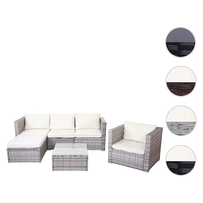 Mendler Loungemöbel-Set - 6 -tlg., Polyrattan, Grau, Kissen creme, Grau - Graues Rattan-Gartenmöbelset mit cremefarbenen Kissen: Ecksofa mit Recamiere, Sessel, Couchtisch mit Glasplatte. Farboptionen gezeigt.