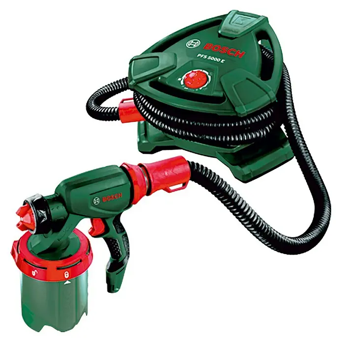 Bosch Farbsprühsystem PFS 5000 E - Geeignet für: Alle Farbarten, Nennaufnahme: 1.200 W, 1.000 ml - Das Bosch PFS 5000 E Farbsprühsystem mit Gebläse bietet präzise Farbaufträge für Innen- und Außenbereiche, inklusive praktischer Schlauchaufwicklung.
