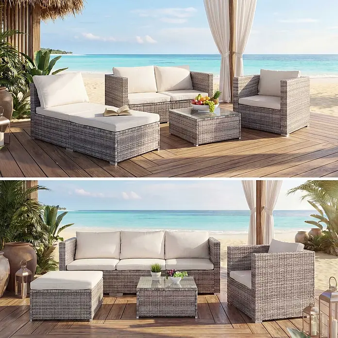 Mendler Loungemöbel-Set - 6 -tlg., Polyrattan, Grau, Kissen creme, Grau - Graues Polyrattan-Loungeset mit weißen Kissen, auf Holzterrasse am Meer, bestehend aus Sofa, Sessel, Ottomane und Couchtisch.