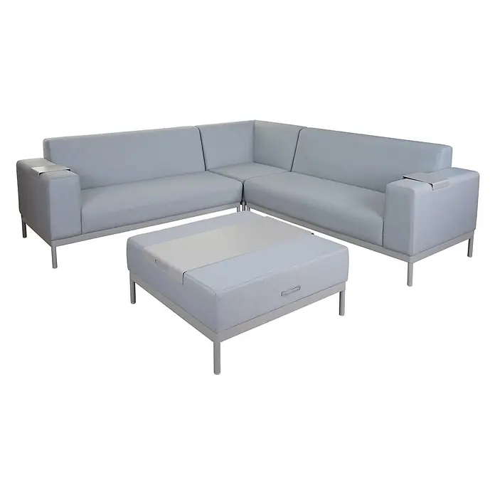 Mendler Alu-Garten-Garnitur HWC-C47, Stoff - blau mit Ablage, ohne Kissen -  - Helleblaue modulare Ecksofa-Kombination mit Ottoman und integrierten grauen Ablagen, auf hellgrauen Metallrahmen und Beinen.