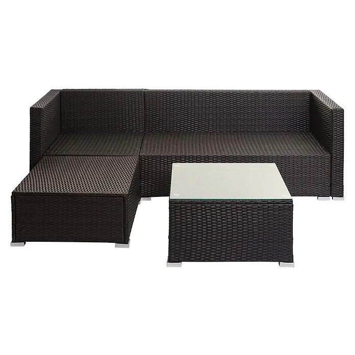 Mendler Loungemöbel-Set HWC-F57 - 3 -tlg., Polyrattan, Braun, Kissen dunkelgrau mit Deko-Kissen, Braun, dunkelgrau - Dunkelbraunes Rattan L-förmiges Outdoor-Sofa-Set mit Couchtisch mit Glasplatte und silbernen Füßen.