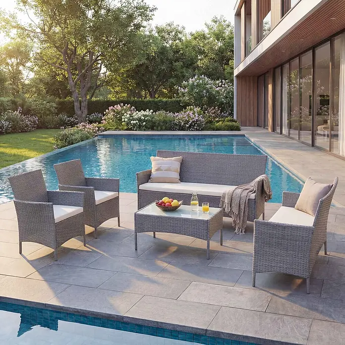 Mendler Loungemöbel-Set - 5 -tlg., Polyrattan, Grau, Kissen creme, Grau, creme - Graues Rattan-Gartenmöbelset mit hellen Kissen und einem Couchtisch mit Glasplatte am Pool.