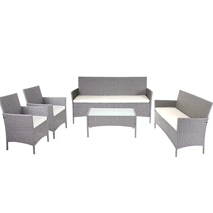 Mendler Loungemöbel-Set - 5 -tlg., Polyrattan, Grau, Kissen creme, Grau, creme - Grau-weißes Rattan-Gartenmöbelset mit Sofa, zwei Sesseln, einer Bank und einem Couchtisch mit Glasplatte.
