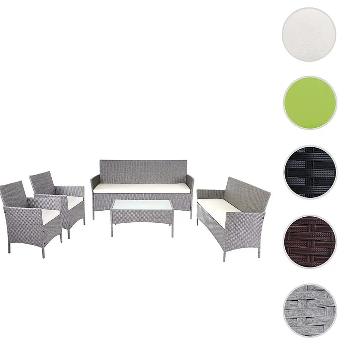 Mendler Loungemöbel-Set - 5 -tlg., Polyrattan, Grau, Kissen creme, Grau, creme - Graues Rattan-Gartenmöbel-Set: zwei Sessel, zwei Sofas (2er & 3er), Couchtisch mit weißen Kissen. Farb-/Materialmuster sind abgebildet.