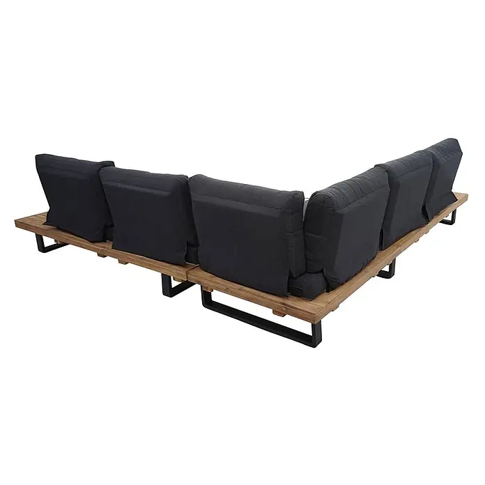 Mendler Garten-Garnitur HWC-H54 Akazie Alu - Hellbraun, Polster dunkelgrau -  - L-förmiges Outdoor-Sofa mit hellbraunem Holzlattenrost, schwarzen Metallbeinen und dunkelgrauen Stoffkissen.