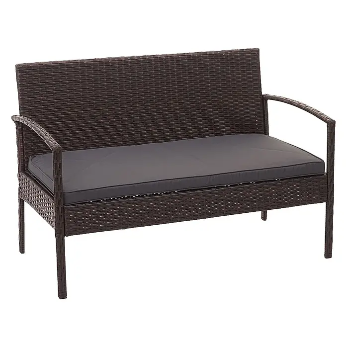 Mendler Loungemöbel-Set HWC-F56 - 4 -tlg., Polyrattan, Braun, Kissen dunkelgrau, Braun, dunkelgrau - Braune Rattan-Gartenbank mit dunkelgrauem Kissen für den Außenbereich.