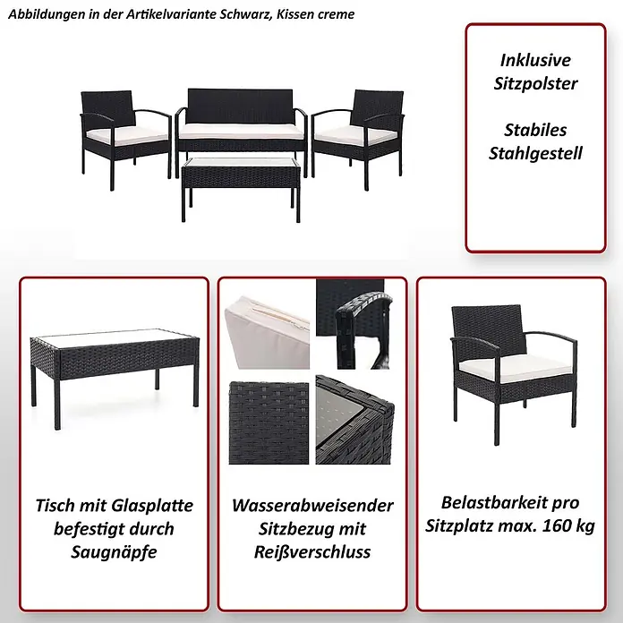 Mendler Loungemöbel-Set HWC-F56 - 4 -tlg., Polyrattan, Braun, Kissen dunkelgrau, Braun, dunkelgrau - Schwarz geflochtene Terrassengarnitur mit cremefarbenen Kissen, bestehend aus Sofa, 2 Sesseln und Tisch.