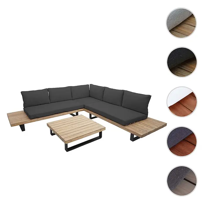 Mendler Garten-Garnitur HWC-H54 Akazie Alu - Hellbraun, Polster dunkelgrau -  - Outdoor L-förmiges Ecksofa und passender Couchtisch mit Naturholzrahmen, dunkelgrauen Kissen und schwarzen Metallbeinen.