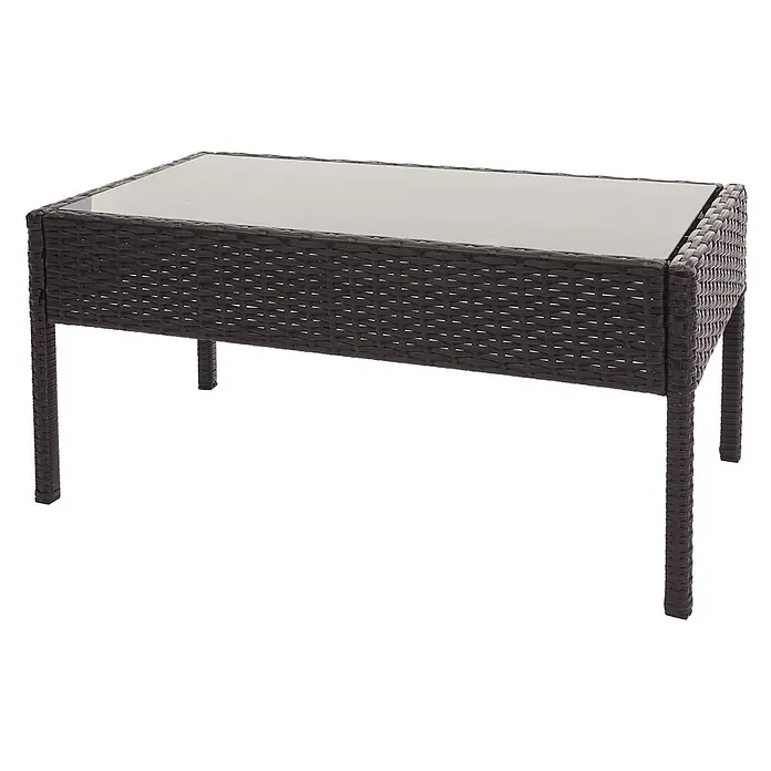 Mendler Loungemöbel-Set HWC-F56 - 4 -tlg., Polyrattan, Braun, Kissen dunkelgrau, Braun, dunkelgrau - Dunkelbrauner rechteckiger Couchtisch aus Polyrattan mit Glasplatte.