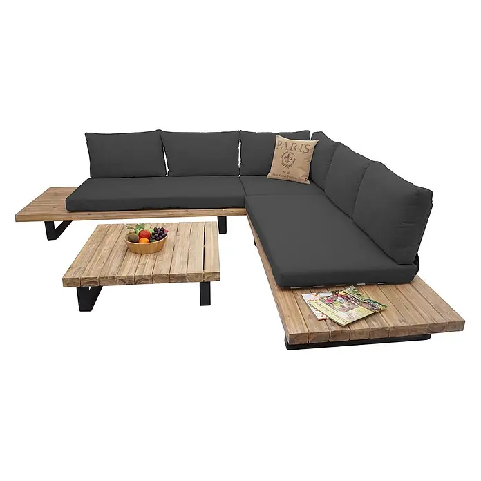 Mendler Garten-Garnitur HWC-H54 Akazie Alu - Hellbraun, Polster dunkelgrau -  - Outdoor-Lounge-Set aus hellem Holz mit dunkelgrauen Kissen und passendem Couchtisch.