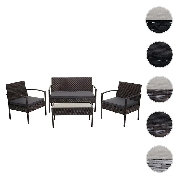 Mendler Loungemöbel-Set HWC-F56 - 4 -tlg., Polyrattan, Braun, Kissen dunkelgrau, Braun, dunkelgrau - Dunkelbraunes Rattan-Gartenmöbelset: 2 Sessel, 1 Sofa mit dunkelgrauen Kissen und 1 Couchtisch.