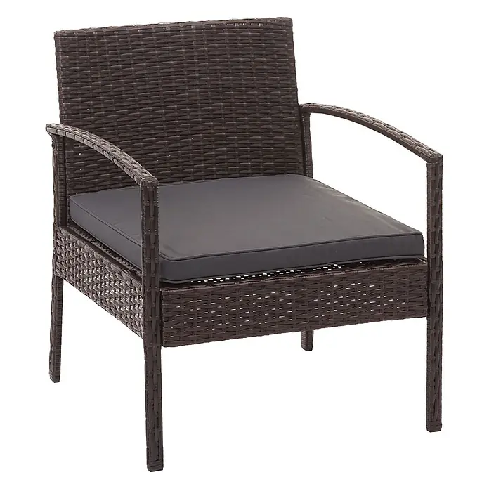 Mendler Loungemöbel-Set HWC-F56 - 4 -tlg., Polyrattan, Braun, Kissen dunkelgrau, Braun, dunkelgrau - Dunkelbrauner geflochtener Sessel mit dunkelgrauem Sitzkissen.