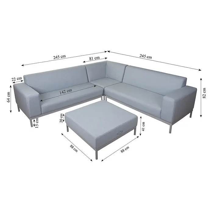 Mendler Loungemöbel-Set HWC-C47 - 4 -tlg., Textil, Blau mit Ablage, Kissen braun, Blau - Graues L-förmiges Ecksofa mit passendem quadratischem Hocker, mit Maßen dargestellt.