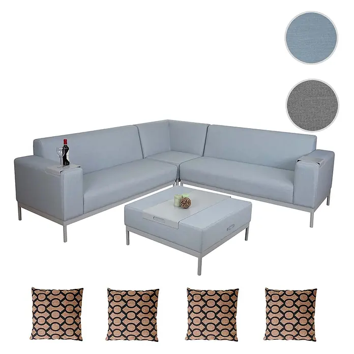 Mendler Loungemöbel-Set HWC-C47 - 4 -tlg., Textil, Blau mit Ablage, Kissen braun, Blau - L-förmige Outdoor-Sitzgruppe mit hellblauen Polstern, silbernem Gestell, vielseitigem Ottoman und vier braunen gemusterten Kissen. Inklusive Armlehnen-Tabletts.