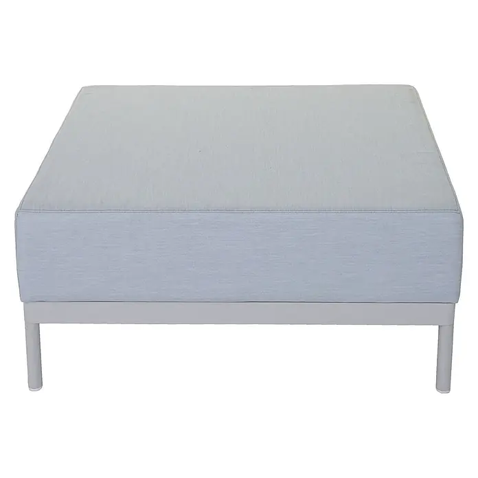 Mendler Loungemöbel-Set HWC-C47 - 4 -tlg., Textil, Blau mit Ablage, Kissen braun, Blau - Quadratischer hellblauer Stoffhocker mit hellgrauem Metallrahmen und Beinen.