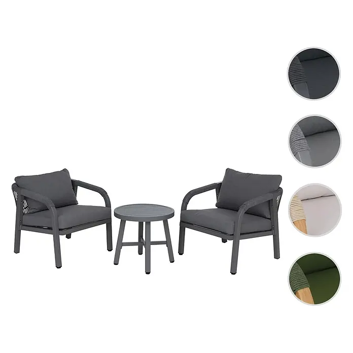 Mendler Loungemöbel-Set HWC-P82 - 3 -tlg., Metall, Dunkelgrau, Dunkelgrau - Zwei graue Outdoor-Sessel mit Kissen und passendem grauen runden Tisch. Armlehnen sind mit Seil umwickelt.