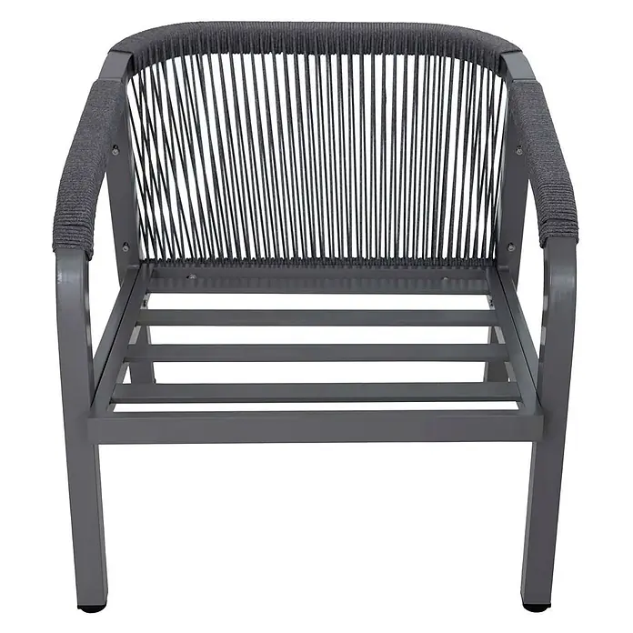 Mendler Loungemöbel-Set HWC-P82 - 3 -tlg., Metall, Dunkelgrau, Dunkelgrau - Grauer Outdoor-Stuhl mit Metallrahmen und geflochtener Seil-Rückenlehne und Armlehnen.
