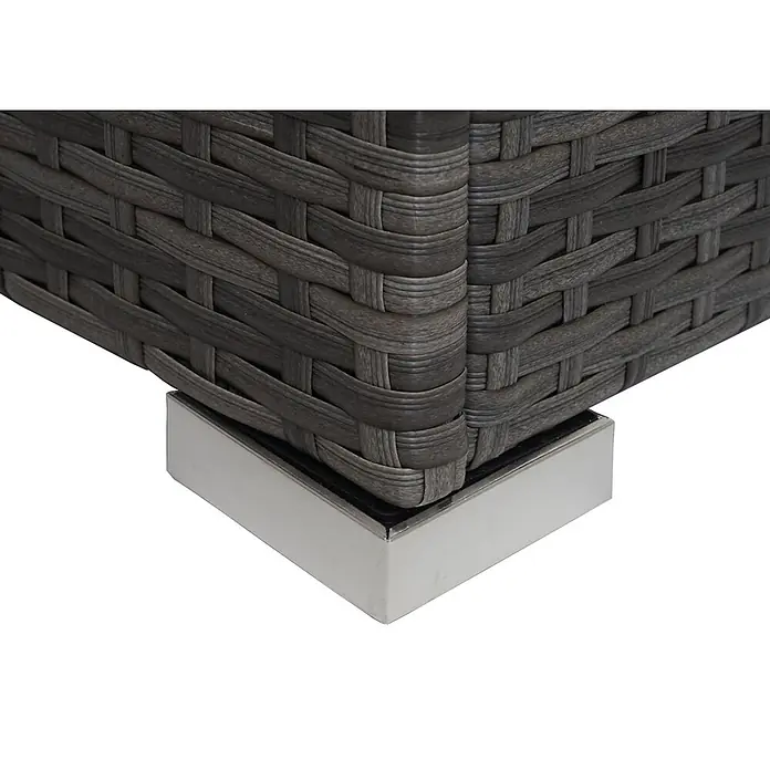 Mendler Garnitur HWC-F57 - grau, Kissen dunkelgrau ohne Deko-Kissen -  - Ecke eines dunkelgrauen Korbmöbels mit einem eleganten silbernen Metallfuß.