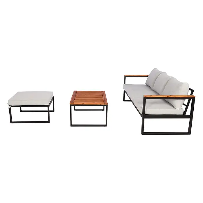 Mendler Loungemöbel-Set HWC-L26 - 3 -tlg., Textil, Hellgrau, Helllgrau - 3-teiliges Outdoor-Lounge-Set mit schwarzen Metallrahmen, hellgrauen Kissen und Holzapplikationen an Armlehnen und Couchtisch.