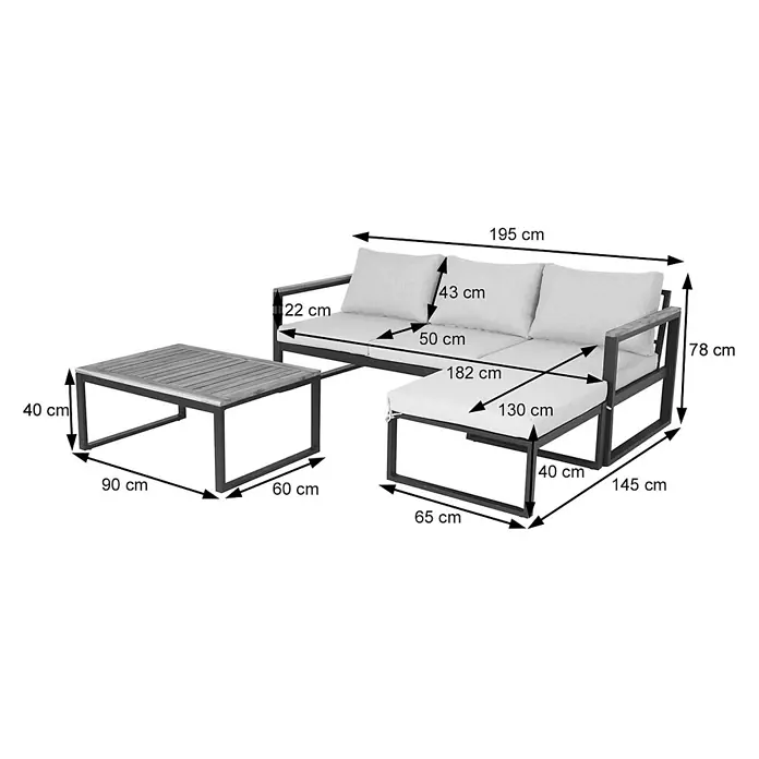 Mendler Loungemöbel-Set HWC-L26 - 3 -tlg., Textil, Hellgrau, Helllgrau - Outdoor-Lounge-Set mit schwarzem Gestell, hellgrauen Kissen und Holztisch, Maße angegeben.
