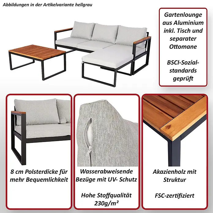 Mendler Loungemöbel-Set HWC-L26 - 3 -tlg., Textil, Hellgrau, Helllgrau - Hellesgraues Gartenlounge-Set mit Aluminiumgestell, Akazienholz-Tisch und separater Ottomane. Mit 8cm Polstern und wasserabweisenden UV-Schutzbezügen.