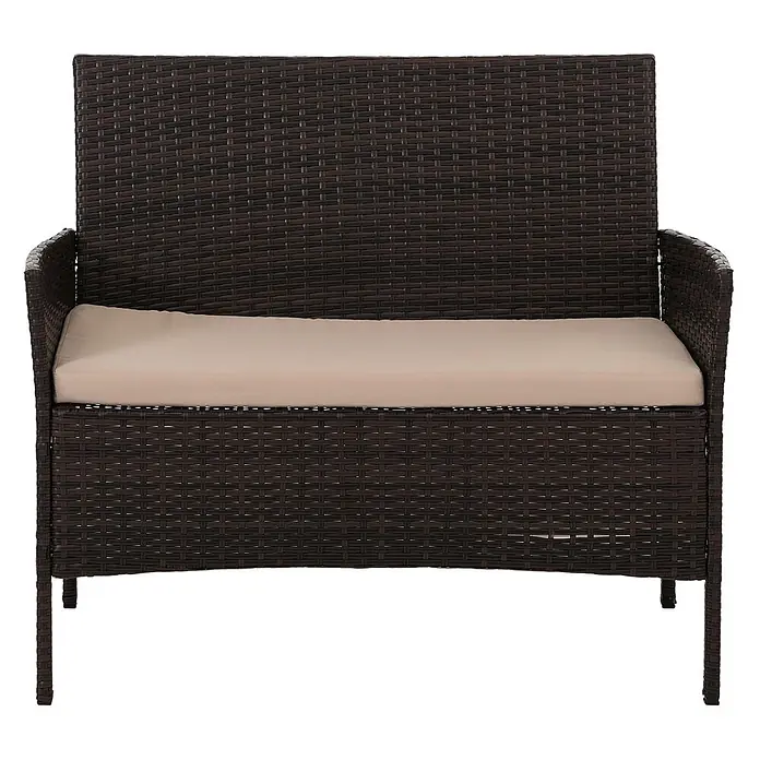Mendler Loungemöbel-Set HWC-N98 - 4 -tlg., Polyrattan, Braun, Kissen creme, Braun, creme - Dunkelbraune Rattan-Gartenbank für zwei Personen mit hellbeigem Kissen.