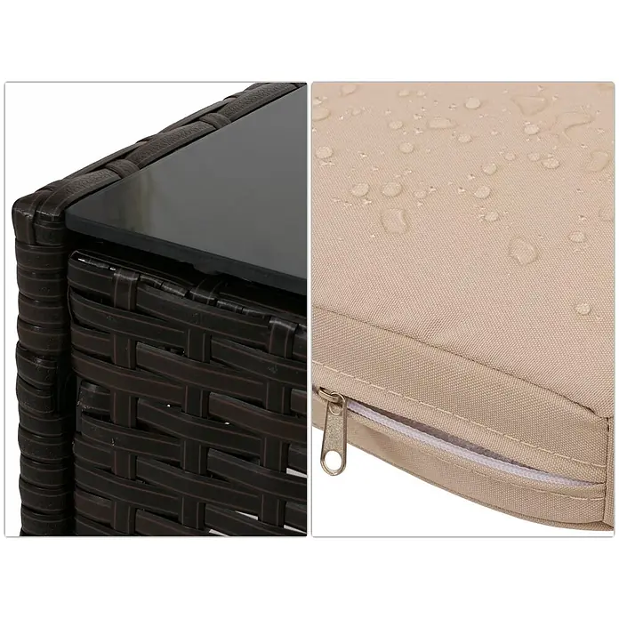 Mendler Loungemöbel-Set HWC-N98 - 4 -tlg., Polyrattan, Braun, Kissen creme, Braun, creme - Dunkelbrauner Rattantisch mit Glasplatte und beigem, wasserabweisendem Kissen mit Reißverschluss.