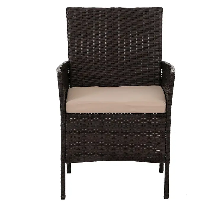 Mendler Loungemöbel-Set HWC-N98 - 4 -tlg., Polyrattan, Braun, Kissen creme, Braun, creme - Dunkelbrauner Polyrattan-Gartenstuhl mit Armlehnen und beigem Sitzkissen.