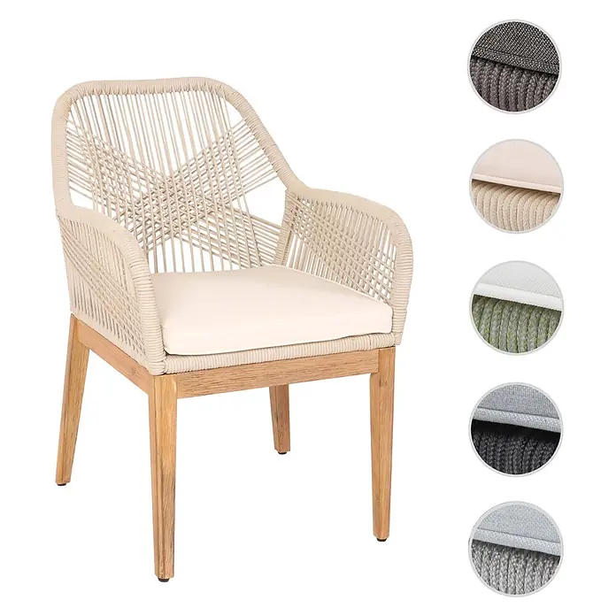 Mendler Gartensessel HWC-H56 - 1 Stk., Holz, Beige, Kissen creme-weiß, B x T x H: 58 x 59 x 85 cm - Beigefarbener Sessel aus geflochtenem Seil mit cremefarbenem Kissen und hellen Holzbeinen, für den Außenbereich geeignet.