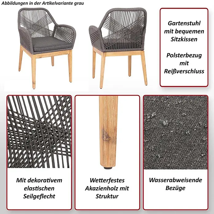 Mendler Gartensessel HWC-H56 - 1 Stk., Holz, Beige, Kissen creme-weiß, B x T x H: 58 x 59 x 85 cm - Grauer Gartenstuhl mit Seilgeflecht, Akazienholzbeinen und bequemem, wasserabweisendem Kissen mit Reißverschluss.