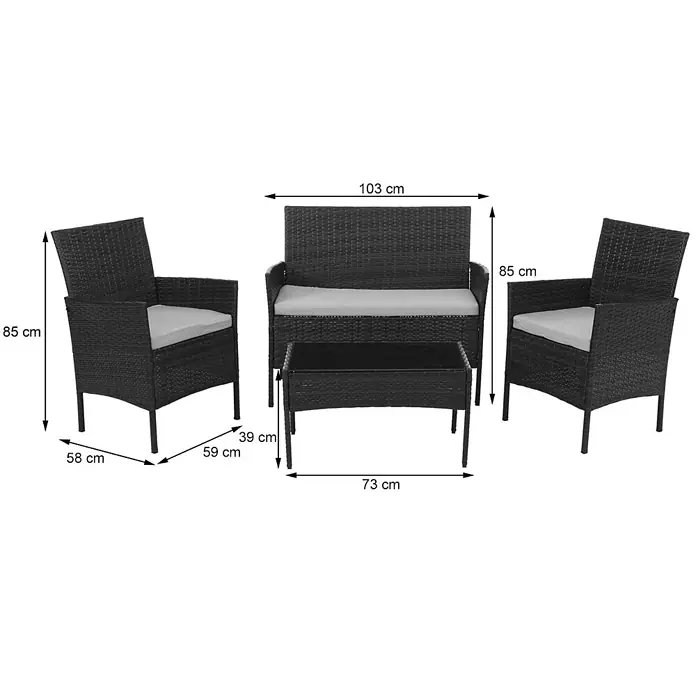 Mendler Loungemöbel-Set HWC-N98 - 4 -tlg., Polyrattan, Braun, Kissen creme, Braun, creme - Schwarze Rattan-Gartenmöbel mit hellgrauen Kissen: zwei Sessel, ein Sofa und ein Couchtisch.