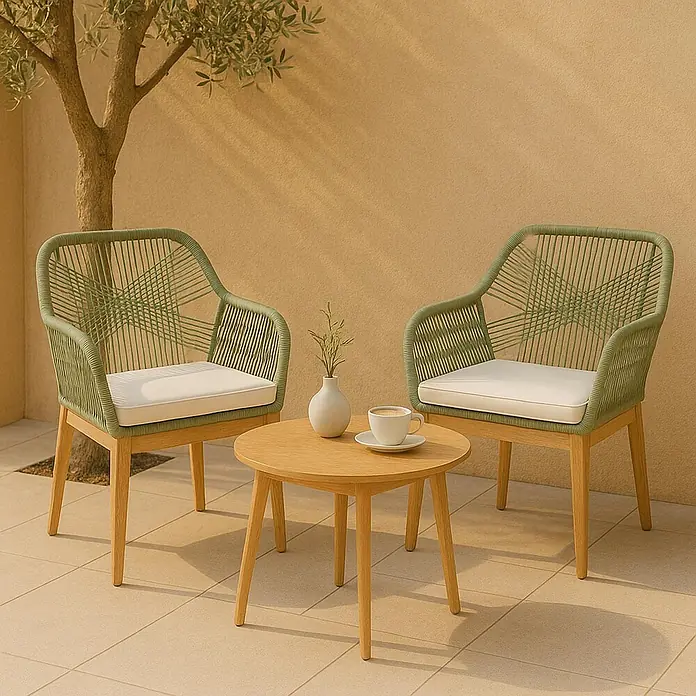 Mendler Gartensessel HWC-H56 - 1 Stk., Holz, Grün, Kissen creme, B x T x H: 58 x 59 x 85 cm - Zwei grüne geflochtene Outdoor-Stühle mit weißen Kissen und ein runder Holztisch mit Kaffee auf einer Terrasse.