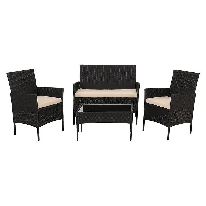 Mendler Loungemöbel-Set HWC-N98 - 4 -tlg., Polyrattan, Anthrazit, Kissen creme, Anthrazit, creme - Schwarzes Rattan-Gartenmöbelset mit zwei Stühlen, einer Bank und einem Couchtisch, alle mit beigen Kissen.