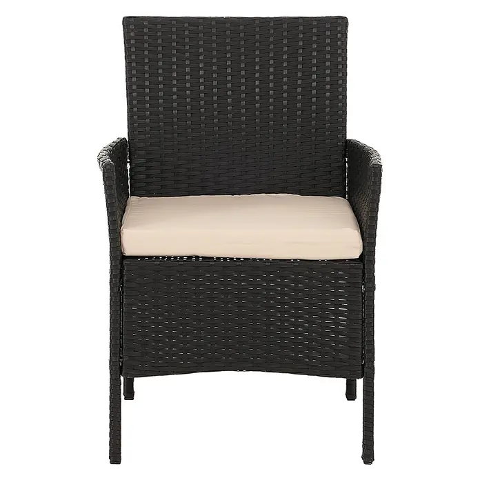 Mendler Loungemöbel-Set HWC-N98 - 4 -tlg., Polyrattan, Anthrazit, Kissen creme, Anthrazit, creme - Dunkelbrauner Rattan-Gartenstuhl mit hellbeigem Kissen.
