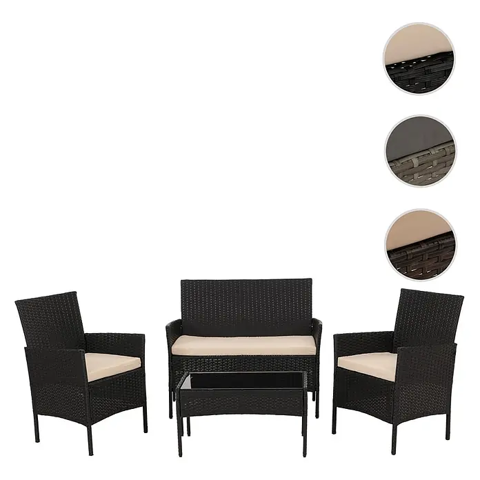 Mendler Loungemöbel-Set HWC-N98 - 4 -tlg., Polyrattan, Anthrazit, Kissen creme, Anthrazit, creme - 4-teiliges Outdoor-Rattanmöbelset: 2 Sessel, 1 Sofa, 1 Couchtisch mit Glasplatte. Dunkles Geflecht mit beigen Kissen.