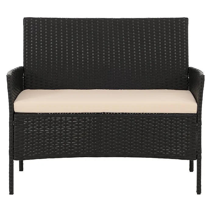Mendler Loungemöbel-Set HWC-N98 - 4 -tlg., Polyrattan, Anthrazit, Kissen creme, Anthrazit, creme - Schwarze Rattan-Gartenbank mit beigem Kissen.