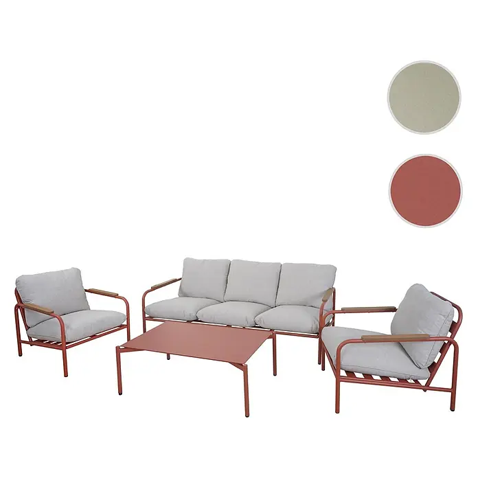 Mendler Alu-Gartengarnitur HWC-O11 3-Sitzer - terrakotta Polster beige -  - Sitzgruppe für den Außenbereich mit rotbraunem Metallgestell, hellgrauen Kissen und Holzarmlehnen, bestehend aus Sofa, zwei Sesseln und Kaffeetisch.