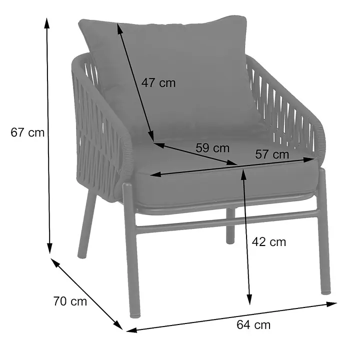 Mendler Gartensessel HWC-P90 - 1 Stk., Metall, Hellgrau, B x T x H: 64 x 70 x 67 cm - Grauer Sessel mit geflochtenen Seiten und dicken Kissen.