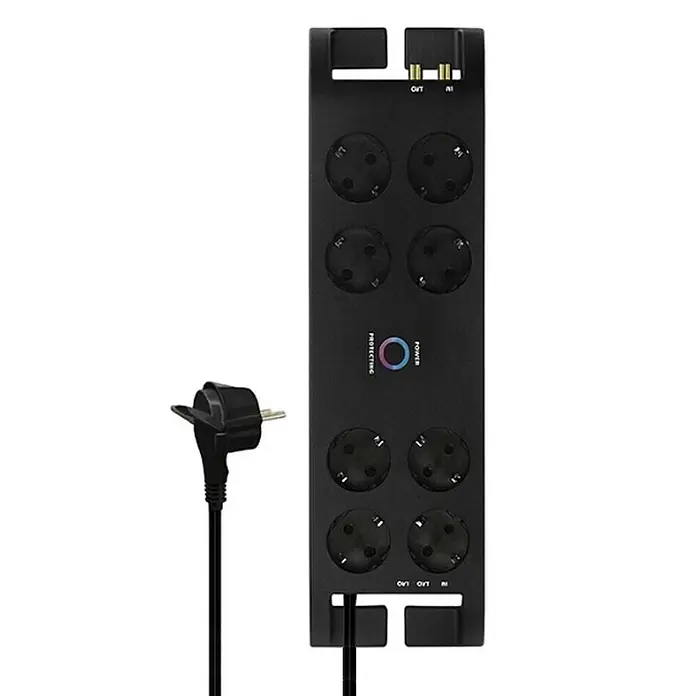 Base de enchufe múltiple Premium con protección de sobretensión - Negro, Longitud del cable: 2 m, Con interruptor, Número de enchufes Schuko: 8 ud. - Una regleta negra vertical con ocho tomas Schuko y cable de alimentación. Incluye indicadores de protección y encendido.