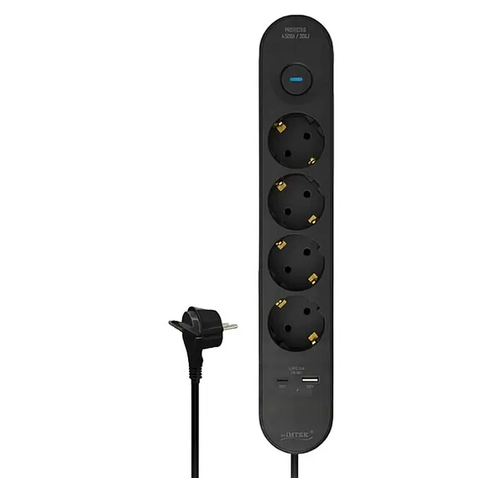 Base de enchufe múltiple Small Device Essential 4 - Negro, Longitud del cable: 1,5 m, Con interruptor - Regleta negra con 4 tomas Schuko, 2 puertos USB, protección contra sobretensiones y enchufe europeo.