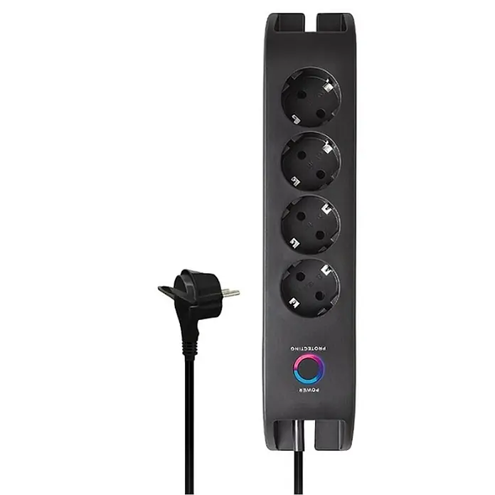Base de enchufe múltiple Office 4 - Negro, Longitud del cable: 2 m, Con interruptor, Número de enchufes Schuko: 4 ud. - Regleta negra de 4 tomas Schuko con luces indicadoras y enchufe a juego.
