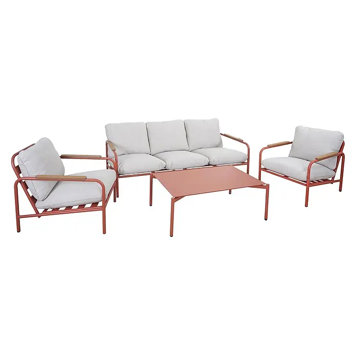 Mendler Alu-Gartengarnitur HWC-O11 3-Sitzer - terrakotta Polster beige -  - Outdoor-Lounge-Set aus Terrakotta-Metall mit hellgrauen Kissen und Holzarmlehnen, bestehend aus Sofa, zwei Sesseln und Couchtisch.