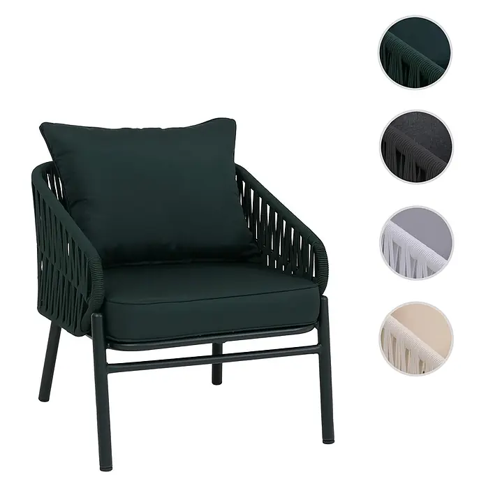 Mendler Gartensessel HWC-P90 - 1 Stk., Metall, Grün, B x T x H: 64 x 70 x 67 cm - Dunkelgrüner Loungesessel aus Seilgeflecht und Metallgestell mit passenden Kissen.