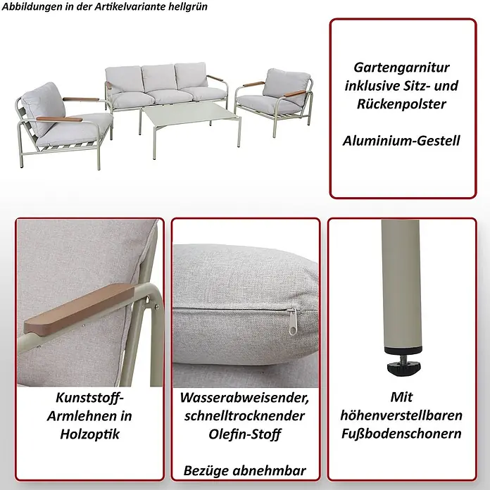 Mendler Alu-Gartengarnitur HWC-O11 3-Sitzer - terrakotta Polster beige -  - Hellegrüne Aluminium-Gartengarnitur mit Sofa, 2 Sesseln, Couchtisch, hellen Olefin-Kissen und Armlehnen in Holzoptik.
