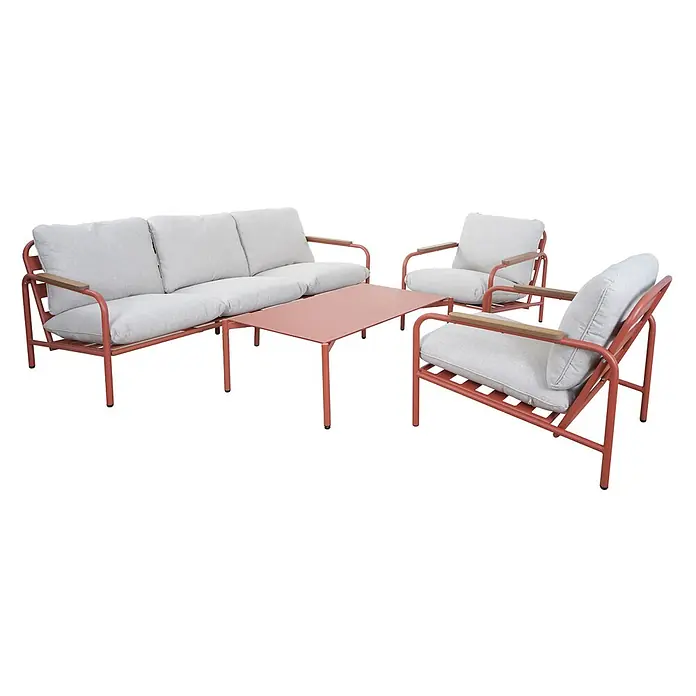 Mendler Alu-Gartengarnitur HWC-O11 3-Sitzer - terrakotta Polster beige -  - Outdoor-Lounge-Set mit korallfarbenem Metallgestell, hellgrauen Kissen und Holzarmlehnen.