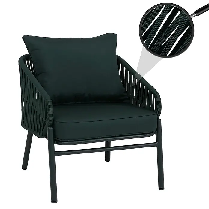 Mendler Gartensessel HWC-P90 - 1 Stk., Metall, Grün, B x T x H: 64 x 70 x 67 cm - Dunkelgrüner Outdoor-Sessel mit Metallrahmen, geflochtenen Seilarmlehnen/-rücken und bequemen Kissen.