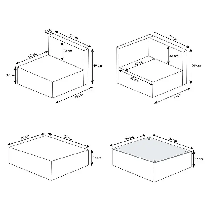 Mendler Poly-Rattan-Garnitur HWC-D24 - anthrazit, Polster dunkelgrau -  - Technische Zeichnung mit Maßen für modulare Sofamöbel: Einzelsitz, Eckteil, Ottoman und Couchtisch.