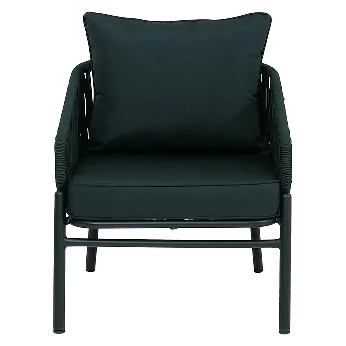 Mendler Gartensessel HWC-P90 - 1 Stk., Metall, Grün, B x T x H: 64 x 70 x 67 cm - Dunkelgrüner Sessel mit Kissen, geflochtenen Armlehnen und einem dunklen Metallgestell.