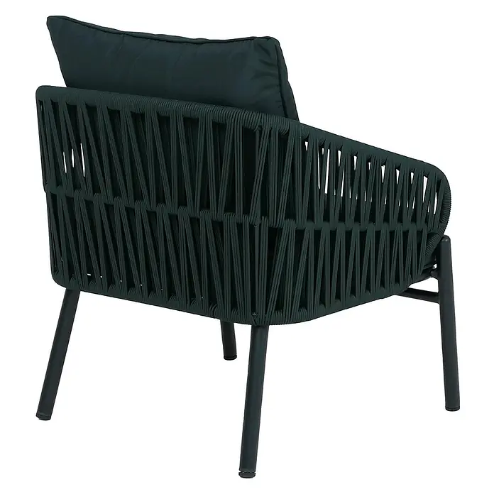 Mendler Gartensessel HWC-P90 - 1 Stk., Metall, Grün, B x T x H: 64 x 70 x 67 cm - Dunkelgrüner Outdoor-Sessel mit geflochtener Seil-Rückenlehne und -Seiten, schwarzen Metallbeinen und weichem Kissen.